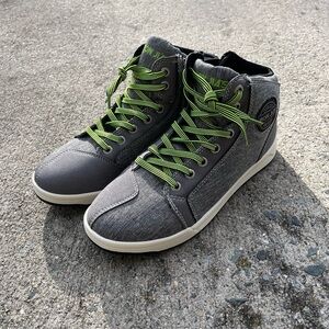 Iron Jia’s Motorcycle Shoes | Gray High-Top Sneakers with Green Laces